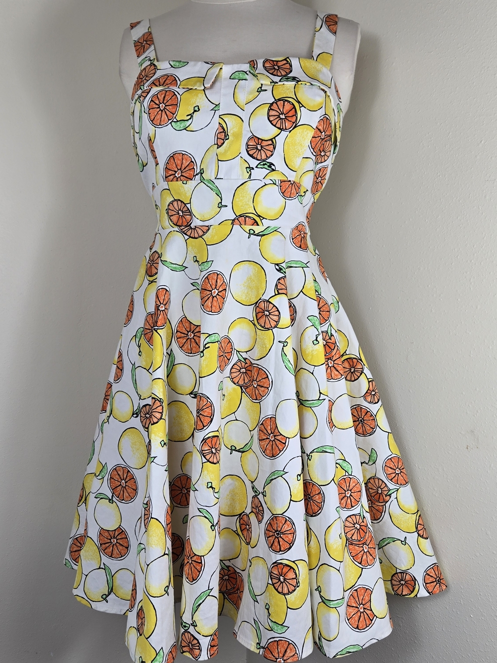Sleeveless Citrus-Print Fit & Flare Midi Dress - White with Yellow & Orange